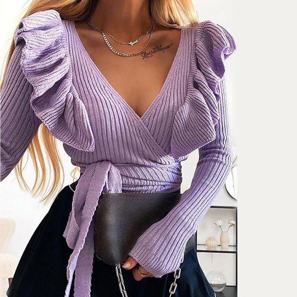 

women's sweaters fantoye autumn ruffle bandage sweater vintage v-neck rib knitted winter casual long sleeve fitness, White;black