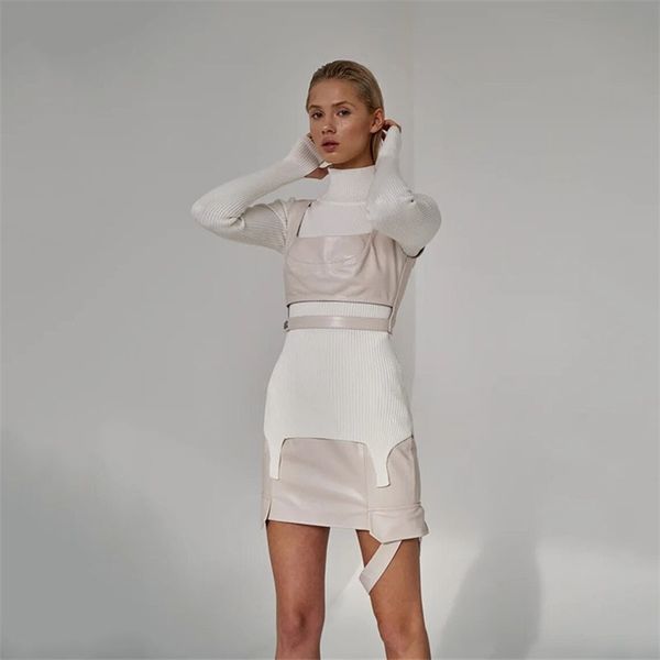 

autumn winter t-shirts women tees fashion high neck skinny sheath solid hollow out bodycon female long t shirts women 211110, White