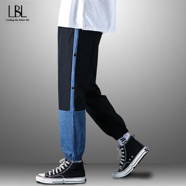

men's pants 2021 mens casual joggers man loose patchwork trousers streetwear hip hop male fashion elastic waist cargo, Black