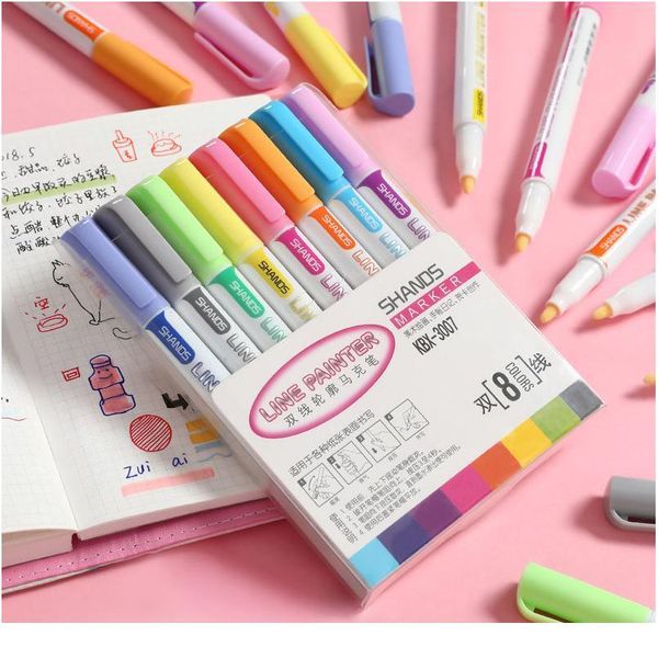 

kawaii highlighter pens cute double lines colorful line painter art markers stationery for drawing school jllbwz