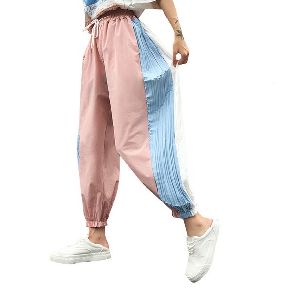 

2021 new women's high waist trousers, polyester clothing, korean leisure contrast color, loose and comfortable, fashion, summer vogk, Black;white