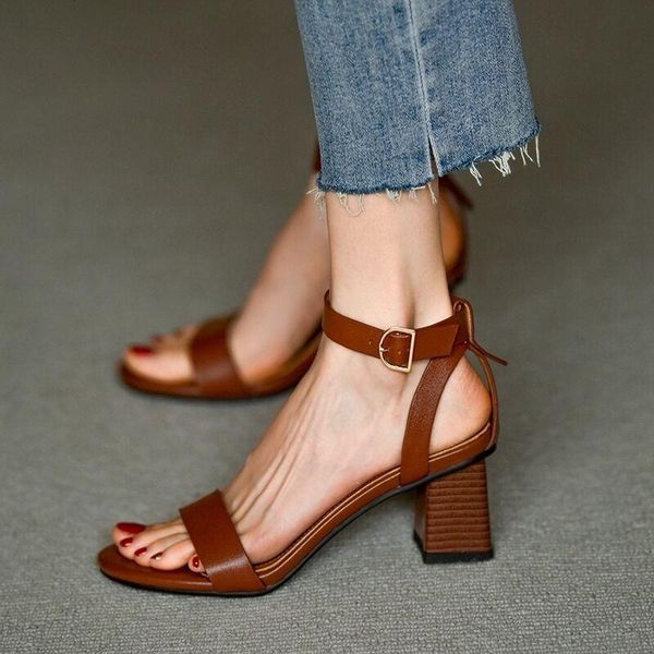 

sandals genuine leather womens shoes casual buckle strap for women thick heel ankle-wrap handmade fashion summer, Black
