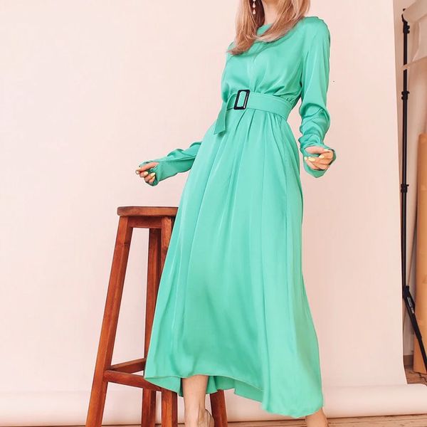 

2021 new vintage satin blet a-line party long sleeve o neck solid elegant casual mid autumn fashion women wa1y, Black;gray