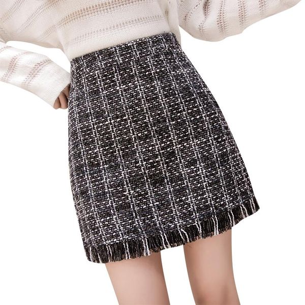 

skirts women 2021 autumn and winter plaid fashion skirt female causal black ladies high waist pencil tassel