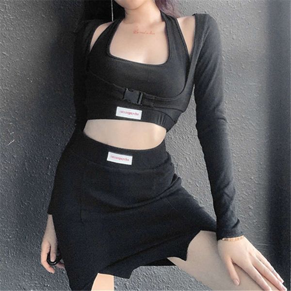 

autumn 2020 new letter printed school button open navel long sve t-shirt vt t piece set, White