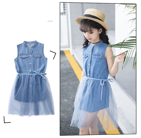 

new children's clothing for girls party denim princess 2021 summer 2pcs/set sleeveless jean mesh skirt age 3-10t 6j8w, Red;yellow