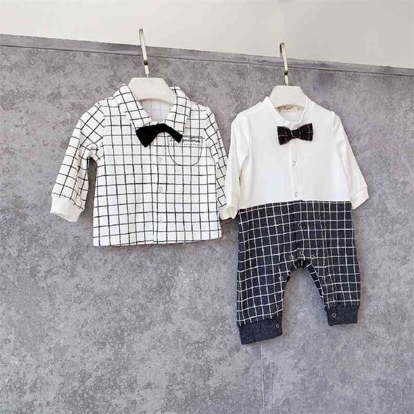 

spring baby boy romper handsome plaid shirt gentleman outfit 210702, Blue