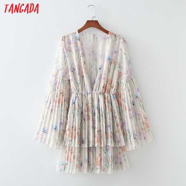 

tangada fashion women flowers print pleated dress flare long sleeve ladies mini dress 1d270 210609, Black;gray