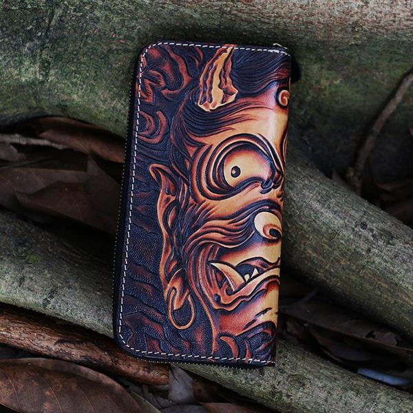 

yourseason vintage handmade carving wallets 2021 cowhide personality womens zipper long purse card holder genuine leather, Red;black