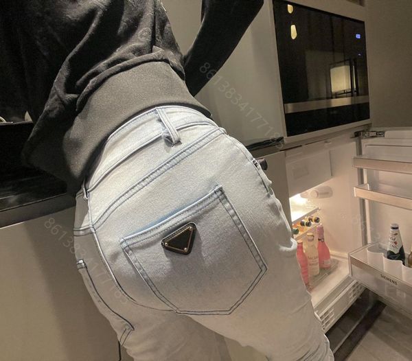 

brand pd womens jeans designer badge slim-fit straight-leg pants female high-quality casual pencil pants or bow women clothes design, Blue