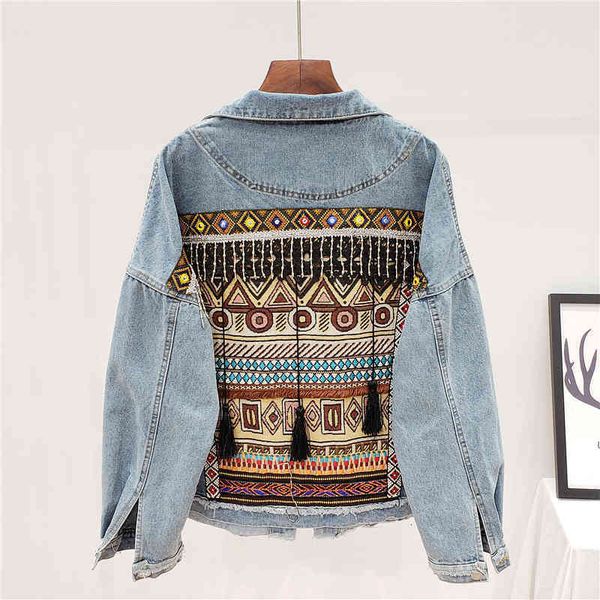 

women's jackets spring vintage national style jeans embroidery tassel coat loose denim streetwear g009 xdsz, Black;brown