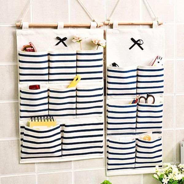 

storage bags bowknot striped fabric cotton and linen hanging bag bedroom bathroom waterproof pe film