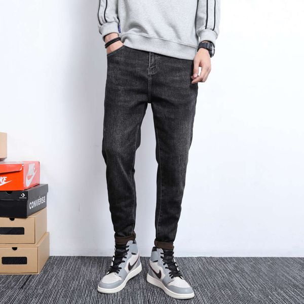 

jeans men's fashion brand slim feet autumn and winter new korean elastic trend versatile black gray casual pants, Blue