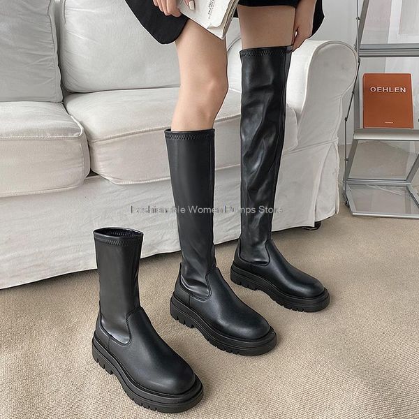 

boots women black punk thick bottom low heels ankle woman over the knee tigh high fashion long ladies shoes