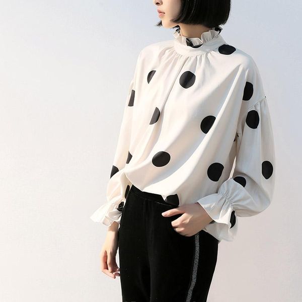 

dot ruffled collar pea blouses womens fashion big long polka temperament female bell flare sleeve loose shirts, White
