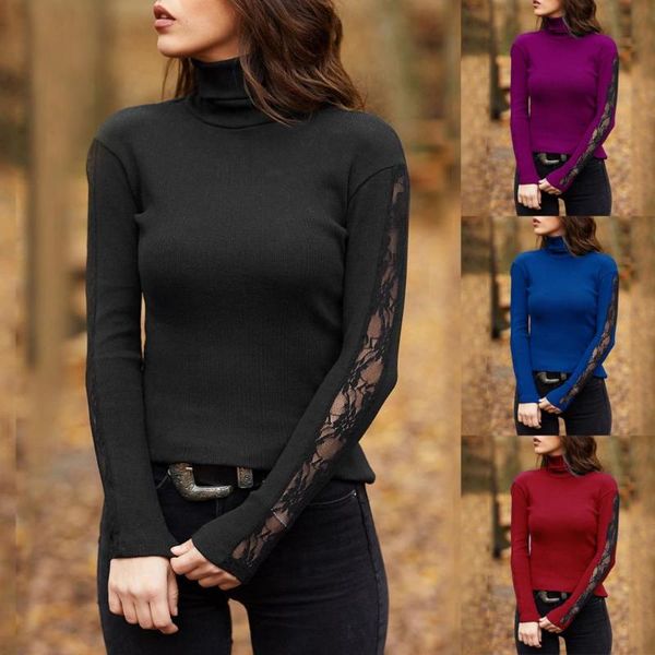 

new kobieta swetry fashion womens turtleneck long sleeve cotton casual lace knitting blouse mujer suéteres femme chandails, White;black