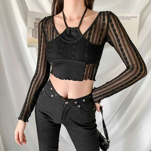 

wind 2020 autumn and winter women's new hanging neck slim mesh splicing fashion street pat long sve t-shirt, White