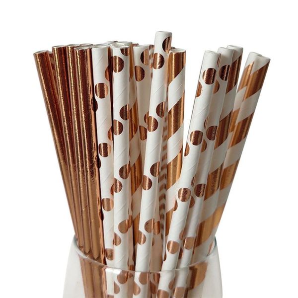

disposable dinnerware 25pc foil rose gold dot striped party drinking straws for baby bride shower wedding decor event supplies