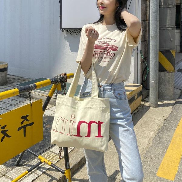 

korean female portable ins english letter bag one-shoulder simple canvas m wild student shopping style retro pagun