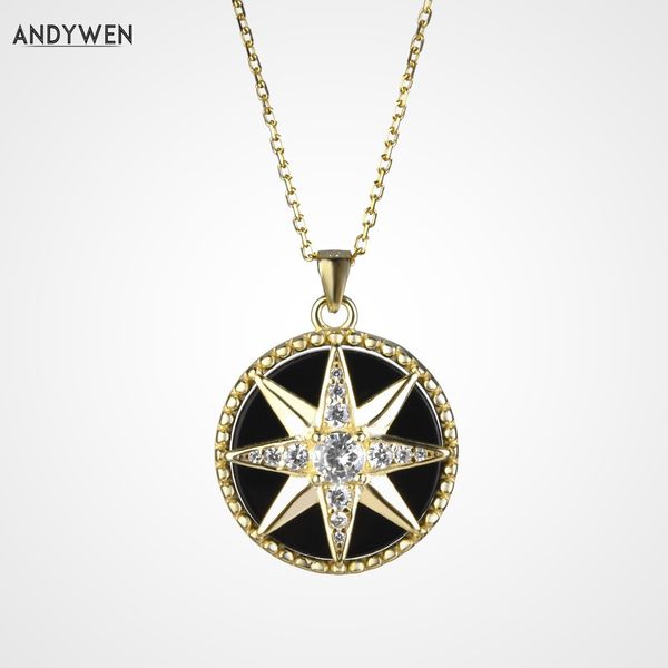 Andywen 925 Ayar Gümüş Altın Pusula Kolye Yuvarlak Yıldız Kar çiçeği Kolye Siyah Emaye Uzun Zincir Ince Kadınlar Takı Q0531
