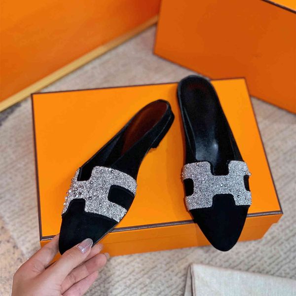 

70% off wholesale sandals flip-flops summer shoes women genuine leather crystal mules shallow outside solid kid suede slippers zapatos de mu, Black