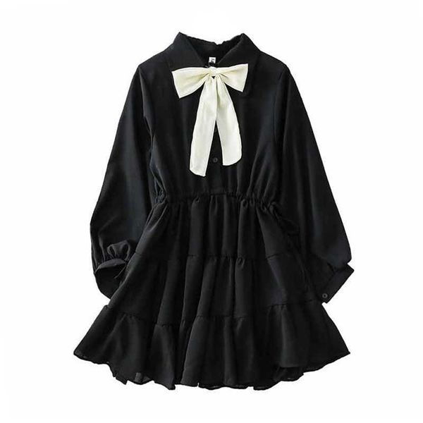 Talvez U Bow Desligue o vestido de colarinho mini curto elegante elegante mulheres doces feminino preto branco manga longa d1680 210529