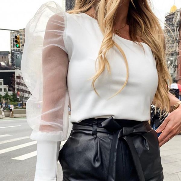 

fashion womens one shoulder mesh puff long sleeve shirt loose casual blouse 2021 spring, White