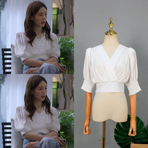 

women's blouses & shirts women 2021 elegant summer and female short sleeve v-neck puff blusa feminina, White