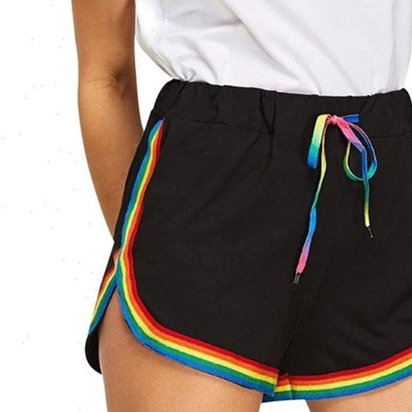 

summer women exercise gym shorts professional sports rainbow print lace up high waist casual shorts ladies beach shorts, White;black