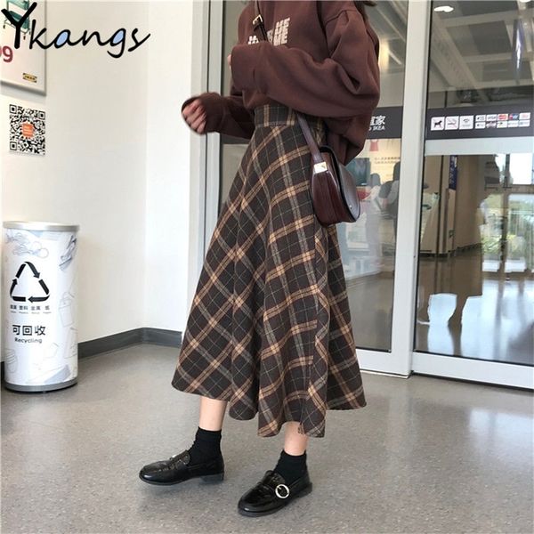 

harajuku autumn winter wool women midi pleated skirt high waist plaid female saias korean ulzzang streetwear elegant long skirts 210315, Black