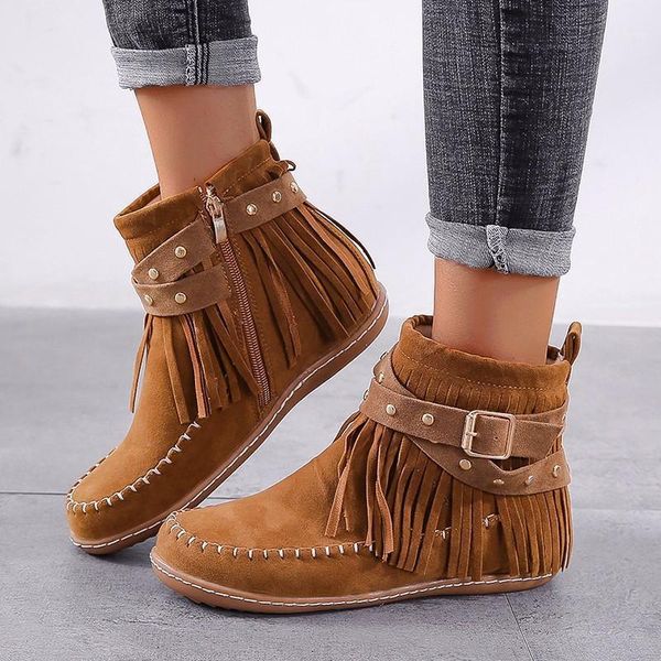 Çizme Artı Size35-43 Saçak Roma Moccasin Kadın Ayakkabı Sonbahar Kauçuk Düz Topuk Ayak Bileği Düşük 2 cm Mujer Botas1 için