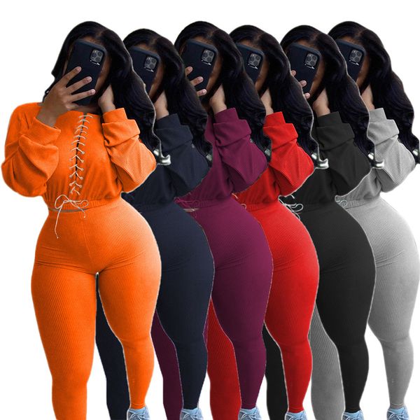 

2021 new women's sets autumn winter o neck cross bandage short +elastic waist slim pants casual sport two pieces set large size veqp, White;black