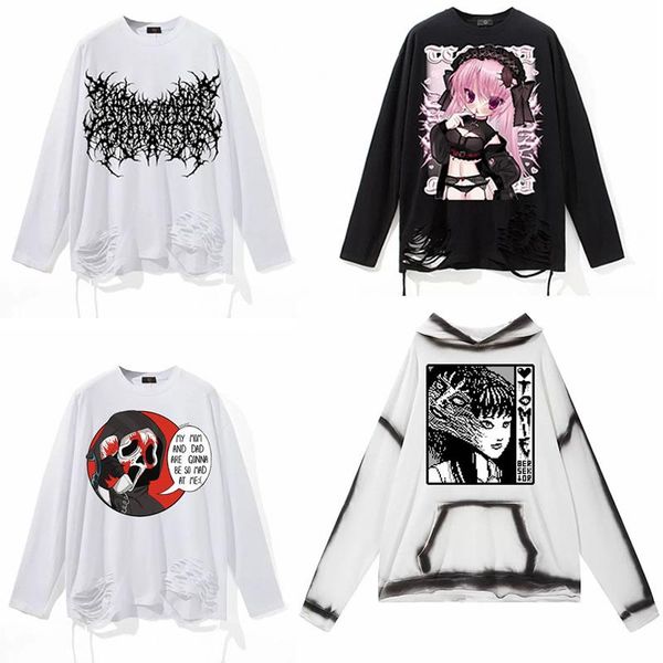 

men's hoodies & sweatshirts oversize distressed tattered long sleeve vintage kawaii gothic punk, Black