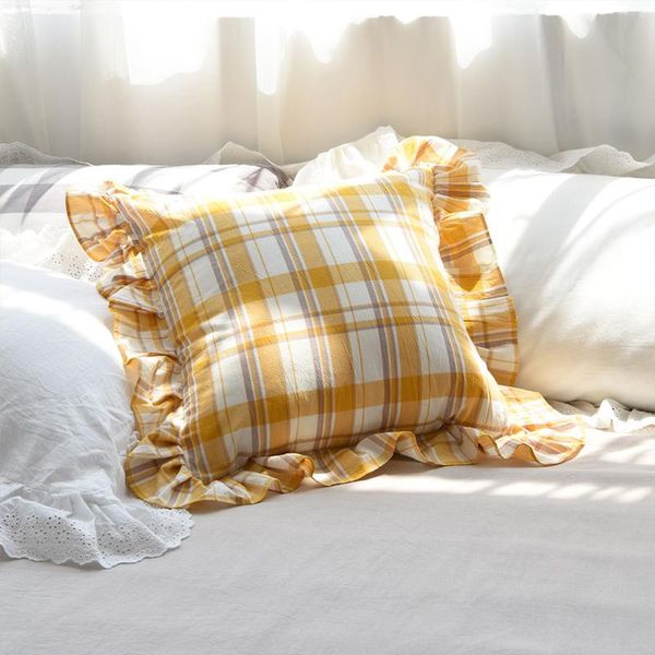 

pillow case yellow plaid fake princess european protective pad cotton pure ruffled