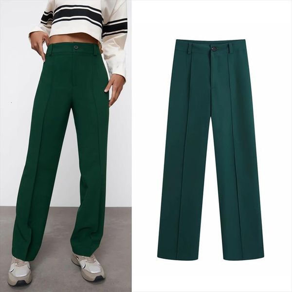 

za green high waist fashion womens capris width leg up trousers straight button fly office elegant female, Black;white