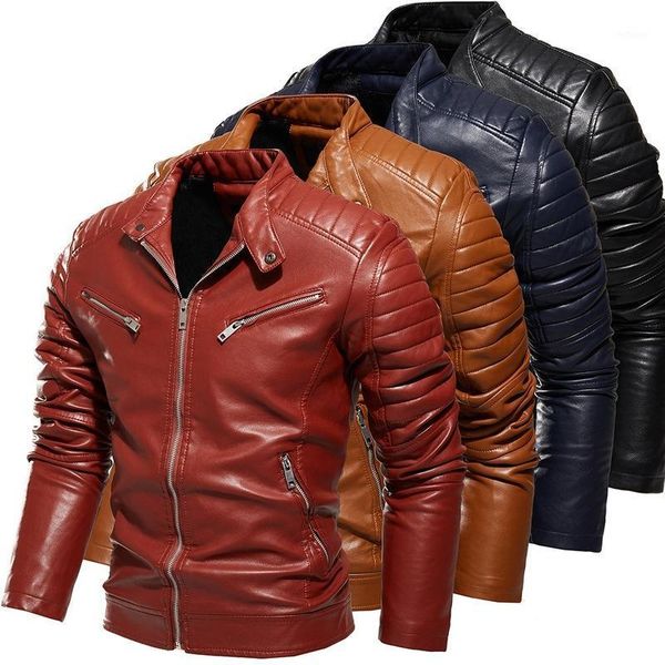 

autumn winter men's leather fleece jacket casual fashion stand collar motorcycle jackets men slim pu coats zipper pocket splice, Black;brown