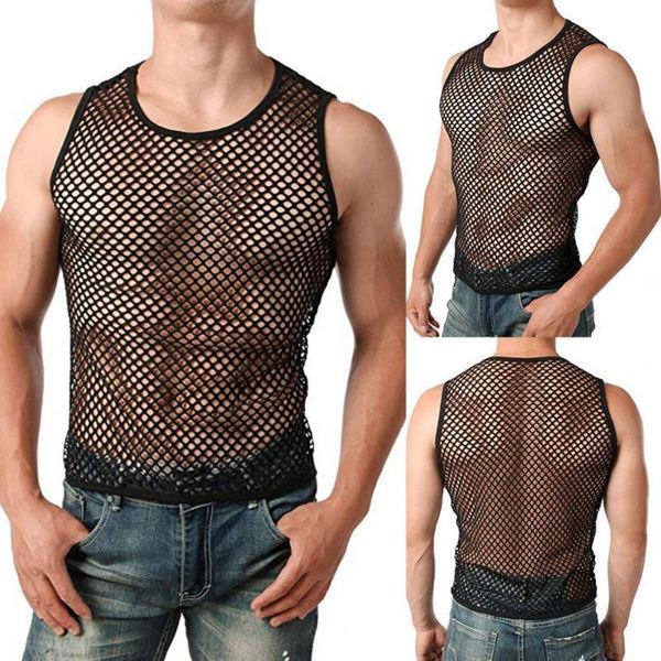 

men' tank mesh see-through fishnet t shirt 2021 fashion sleeveless nightclub wear t-shirt men party perform streetwear, White;black