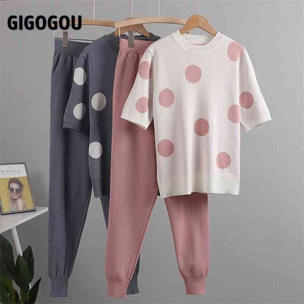 

gigogou spring polka dot printed 2 piece set women short sleeve knitted sweater female + pants suit summer tracksuits 210918, White;black