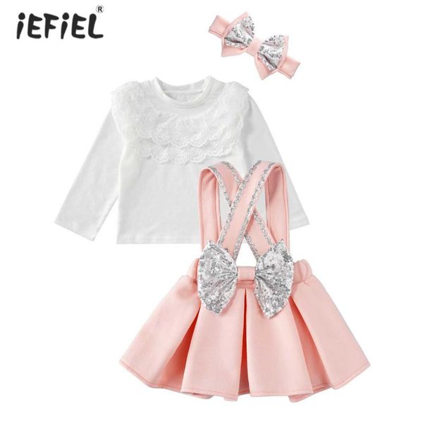 

clothing sets baby girls clothes 3pcs lovely long sleeves t-shirt bowknot suspender princess dresses with headband children's, White
