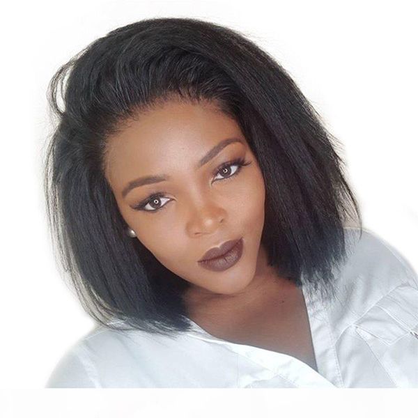 

kinky straight full lace wig malaysian virgin hair lace front wigs 130% density natural color human hair bob wig, Black;brown