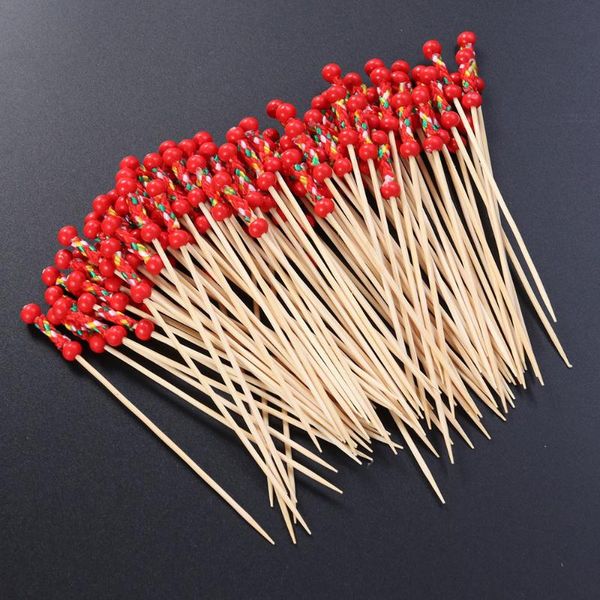 

forks picks cocktail fruit appetizer drink sticks disposable wood toothpicks party supplies (about 100pcs, double red beads