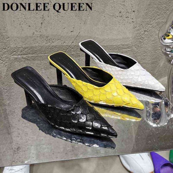 

slippers spring women slippers fashion fish scales mules med heels slides brand sandal pointed toe party dress shoes zapatillas mujer 220307, Black