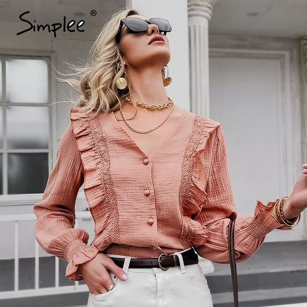 

simplee solid cotton v-neck women shirt casual spring summer long-sleeved ruffled female loose elegant office lady blouse 210225, White