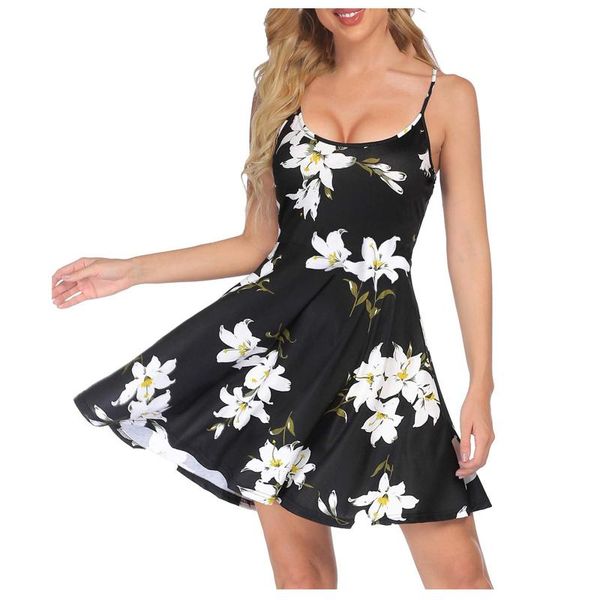 

casual dresses summerÂ women'sÂ dressÂ 2021 halter sleeveless floral print elegant vacation a line swing loose woman dress temperamental, Black;gray