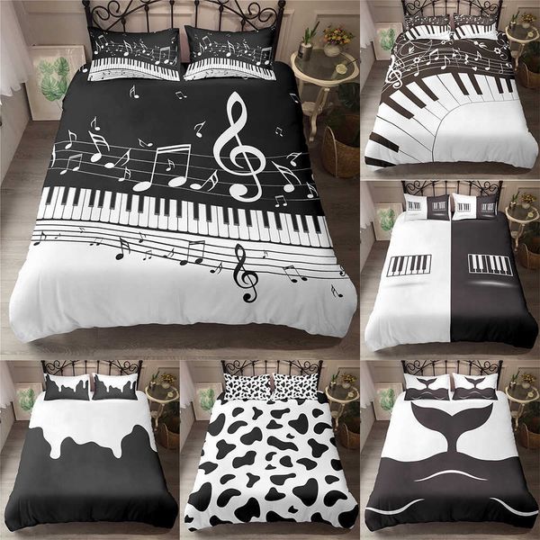 Homeesky Siyah Beyaz Piyano Yatak Seti Lüks Nevresim Sanat Yatak Kraliçe King Boyutu Kuşkiter S Ev Tekstili Yatak Örtüleri 210615