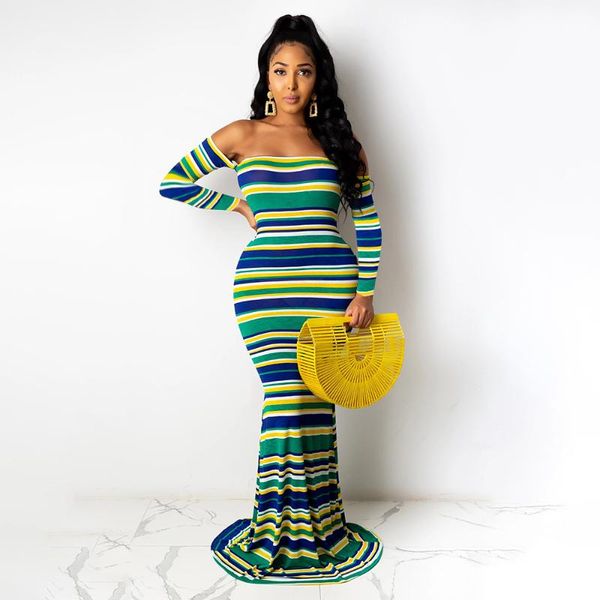 

casual dresses off the shoulder elegant mermaid long women slash neck full sleeve bodycon dress fashion striped print vestidos, Black;gray