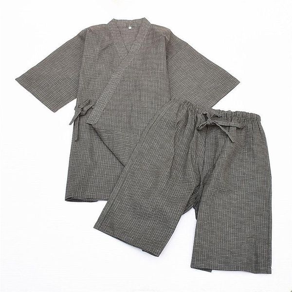

japanese cotton kimono pajama suits summer short sleeve pyjamas set sleepwear robe and shorts traditional home lounge sleepwear, Black;brown