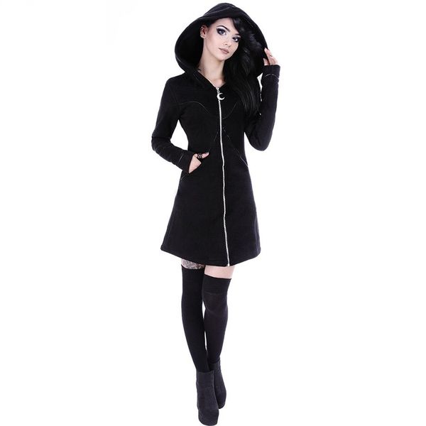 

gothic slim mid length hoodies fashion women long sleeves pocket hooded neckline casual style zipper closure fall winter coats 201029, Black