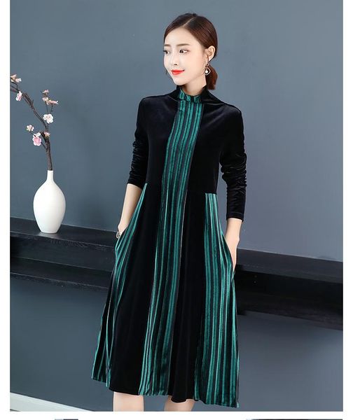 

casual dresses pleuche dress winter stripe half a turtle neck loose long sleeve velvet women clothes plus size  -3xl, Black;gray