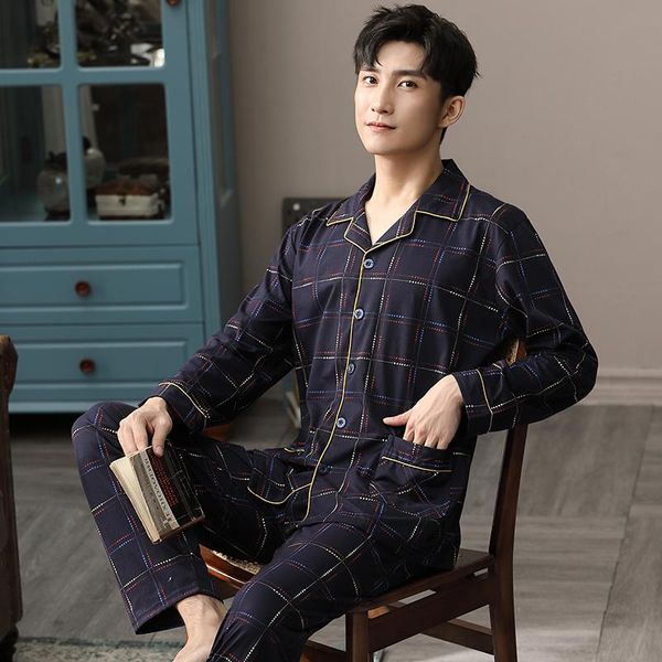 

men's sleepwear autumn spring home clothes cotton man pure pajamas set pijama lounge pyjama plaid pjs solid color, Black;brown